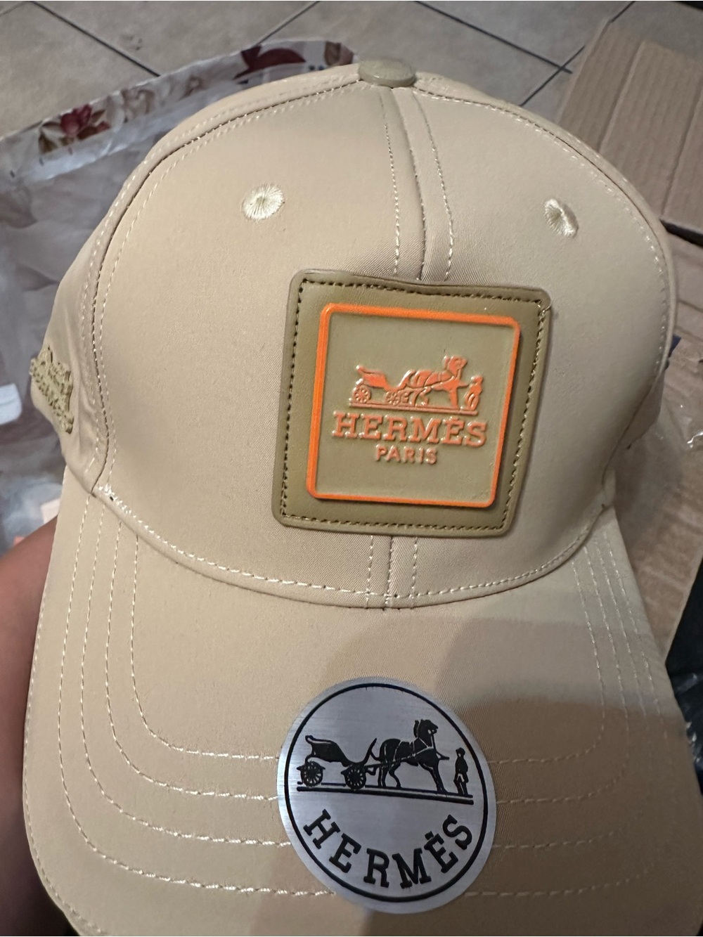 Hermes Men’s Beige Cap with Orange Logo Patch